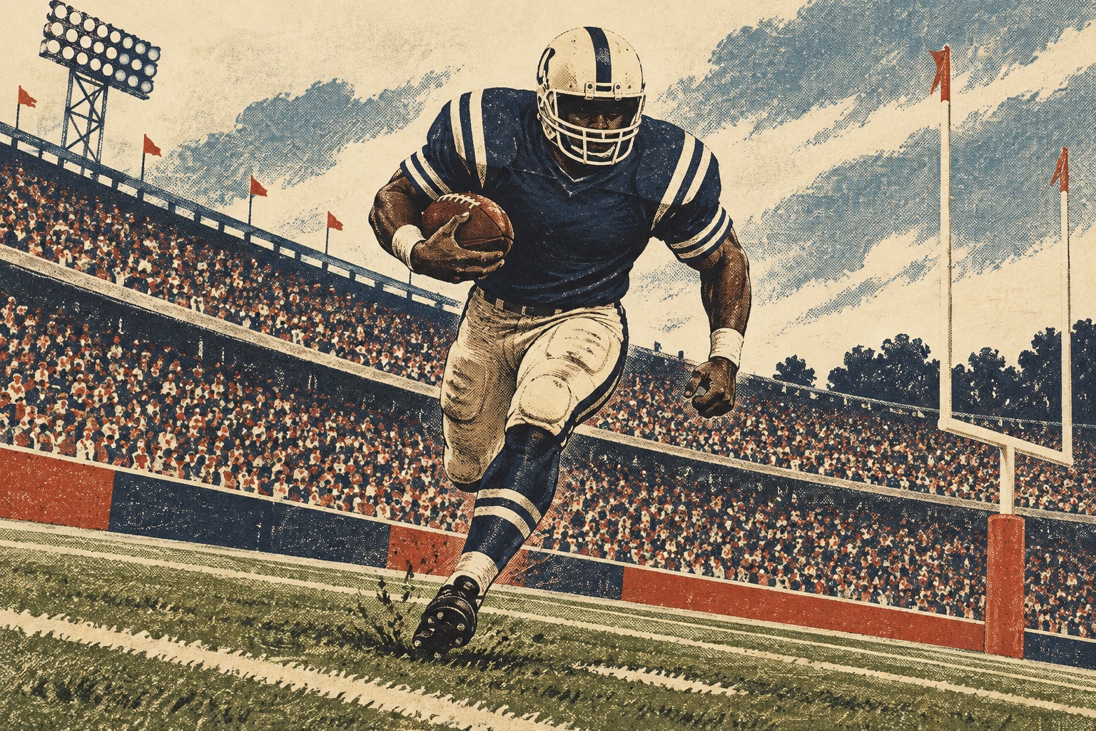 Vintage halftone illustration of a football player charging downfield